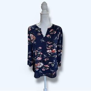 Navy Floral Fun 2 Fun Blouse Size Small Loose-fit NWOT